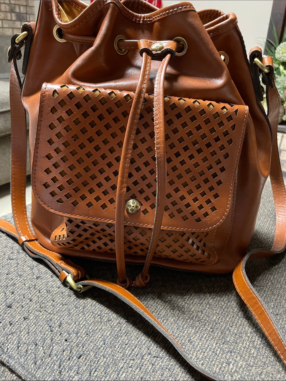 Patricia Nash Cognac Brown Perforated Leather Drawstring Satchel